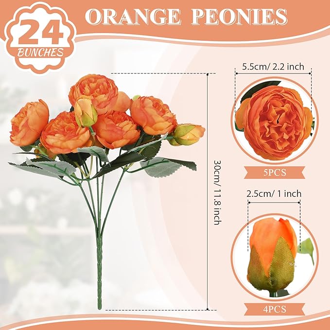 Hoteam 24 Bundles Artificial Peonies Flowers Wedding Faux Flowers Silk Peony Bouquet Bulk Bride Fake Florals Arrangements for Table Centerpieces Wedding Party Vase Decor (Orange)