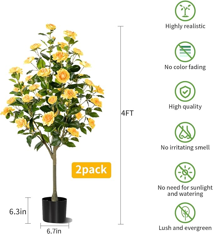 Artificial Camellia Tree 2 Pack, Artificial Plants Outdoor Faux Floral Plant in Cement Pot Fake Silk Camellia Tree Plants for Home House Living Room Office Decor