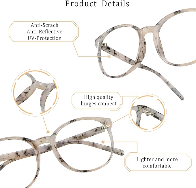 LifeArt Round Blue Light Blocking Glasses, Computer Glasses, Gaming Glasses, TV Glasses for Women Men (Marble, 5.00 Magnification)