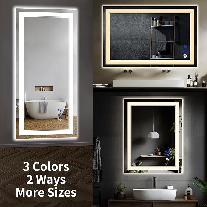 30"x22" LED Bathroom Mirror with Anti-Fog, Stepless Dimmable Lights, 3 Color Modes, Shatter-Proof Tempered Glass, Memory Function & Waterproof Design