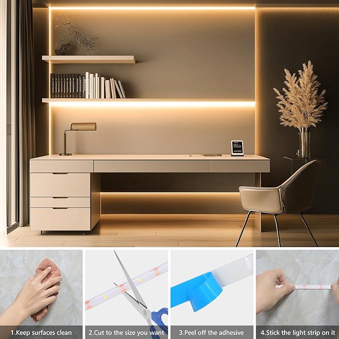 echosari 3.3FT Strip Lights Battery Operated, 2700K Tape Light with Self-Adhesive Timer Dimmable Cuttable Remote Control for Indoor Stairs Cabinets Shelves TV Home Decor (Warm White)