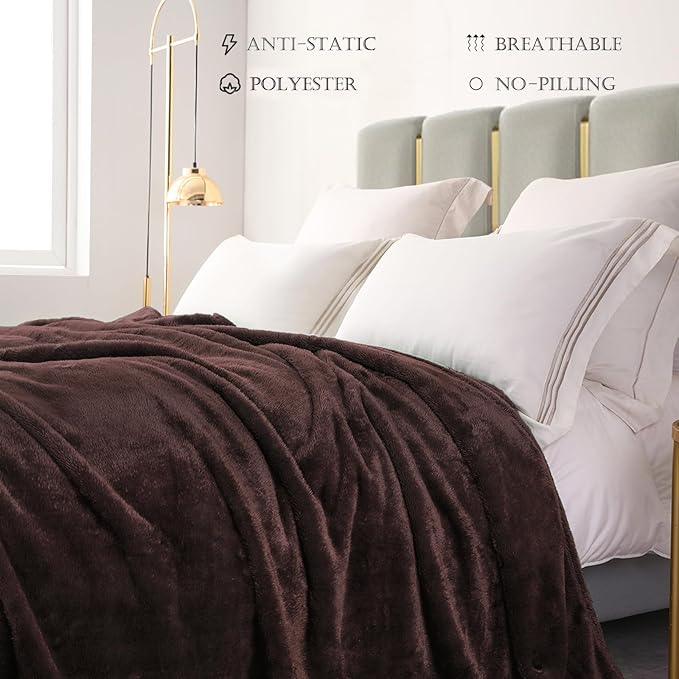 Exclusivo Mezcla Plush Fuzzy Fleece Bed Blanket Twin Size, Super Soft, Fluffy and Warm Blankets, Suitable for All Seasons (Coffee, 90x66 Inches)