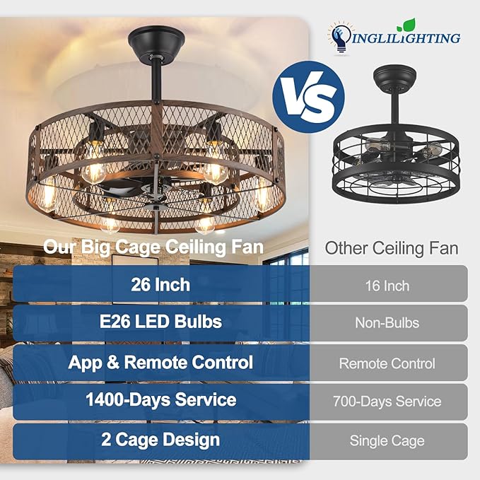 DLLT Caged Ceiling Fan with Lights: 26" Bladeless Fandelier with Light and Remote - Walnut Industrial Chandelier Fan Light for Bedroom Living Dining Room Kitchen