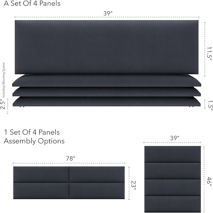 Vänt Upholstered Wall Panels - King/Cal King Size Wall Mounted Headboards - Ribbed Midnight Blue - Twin/King - Set of 4 Panels (Each Individual Panel 39"x11.5")