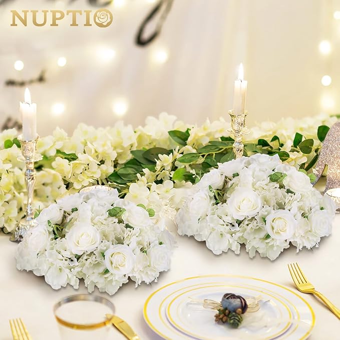 NUPTIO Flower Ball Arrangement Bouquet - 2 Pcs 15.7 inch Diameter White Fake Flowers Roses Balls for Centerpieces Tables - Artificial Rose Arrangements for Wedding Centerpiece Table Decorations