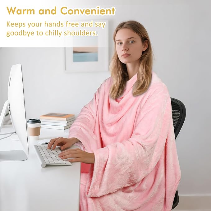 Catalonia Pink Wearable Fleece Blanket with Sleeves and Foot Pockets for Adult Women Men, Micro Plush Comfy Wrap Sleeved Throw Blanket Robe