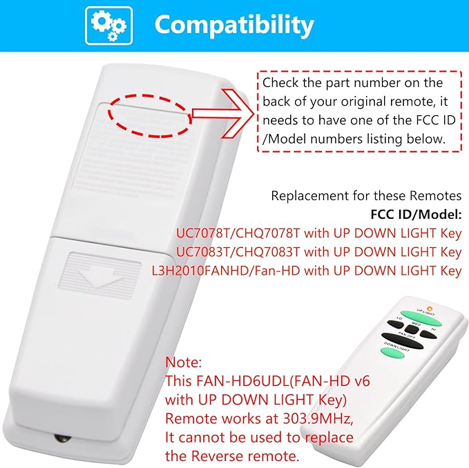 Replacement Remote for Hampton Bay Ceiling Fan Remote Control,with Up Down Light Control Dimmer 3-Speed, for UC7078T CHQ7078T UC7083T CHQ7083T L3H2010FANHD Fan-HD6UDL(Remote Only)