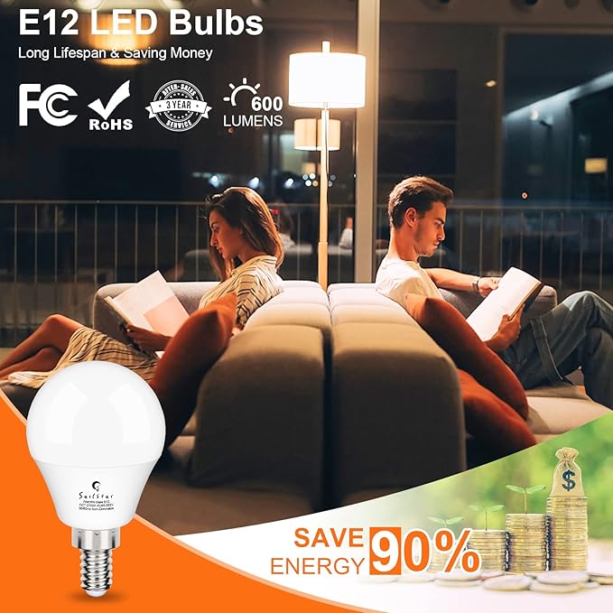 Sailstar A15 Ceiling Fan Light Bulbs, E12 Base, 6Watt (60-Watt Replacement), Soft White 2700K, Non-Dimmable, Candelabra Base LED Light Bulb, 6 Pack