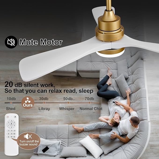BOJUE 42 Inch Wood Ceiling Fans with Lights and Remote, White Gold Outdoor Ceiling Fan with Light, Dimmable 3 Blades Outdoor Fans for Patios Noiseless Modern Ceiling Fans for Bedroom Living Room