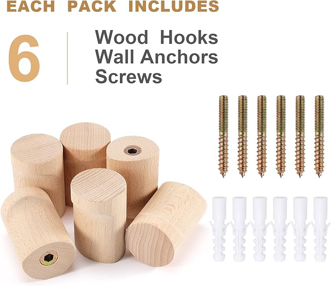 Wood Wall Hooks 6 Pack, Natural Wooden Coat Hooks Wall Mounted, Handmade Rustic Hat Hooks Heavy Duty Entryway Wall Hangers for Hanging Towels, Clothes, Bags (Beech Wood)