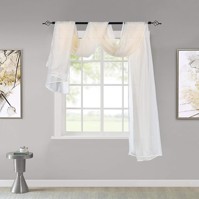 KEQIAOSUOCAI Beige Sheer Window Scarf Curtains Valance 144 Inches Long Sheer Fabric for Draping Curtain Toppers for Wedding Party Girls Room Bed Canopy Scarves 52Wx144L Beige