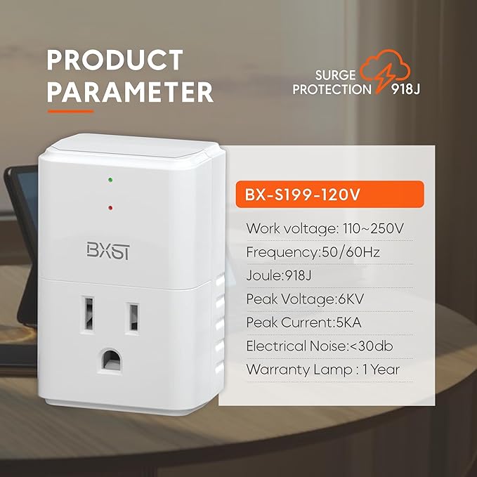 BXST 918J Single Outlet Surge Protector for Home Appliance Small Multi Function Plug with Surge Protection Wall Mount Power Suppressor for Refrigerator, TV, PC, Xbox, PS5, 120V, 1800W, 1 Pack