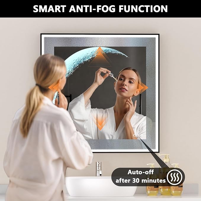LED Bathroom Mirror, 32x32 inch Square Black Frame Mirror with 3 Color Lights, Half Moon Light, Defogger, Wall Mounted LED Vanity Mirror for Bedroom, Entryway, Living Room, Home Decor