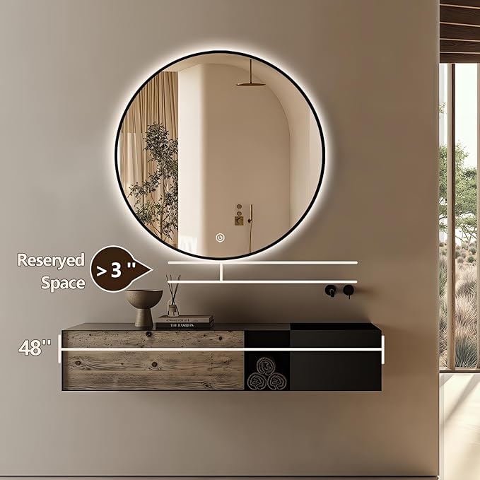 40" Round LED Bathroom Mirror, Wall Mounted Backlit Vanity Mirror with 45° Beveled Frame Lighted Mirror for Bedroom, Fog Free 3-Color Dimmable Lights Memory Function, Black