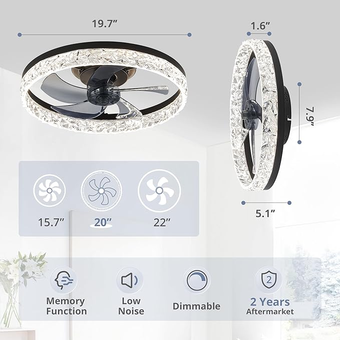 LEDIARY 20" Modern Ceiling Fans with Lights and Remote, Dimmable Low Profile Ceiling Fan, Flush Mount Ceiling Fan, Stepless Color Temperature Change and 6 Speeds - Black