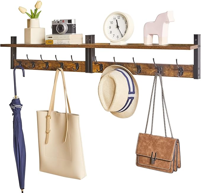 YMYNY Coat Rack Wall Mount with Shelf, 2 Pack 23.6" Coat Hooks Coat Hanger Wall Mount, Wall Hooks for Hanging, Hat Rack for Wall, Towel Hooks for Bathrooms, Rustic Brown UHWS004H-2