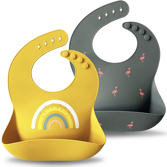 Moonkie Silicone Baby Bibs Set Of 2 | BPA Free Waterproof | Soft Flexible Adjustable Silicone Bibs for Babies & Toddlers(Dark Grey/Kodak)