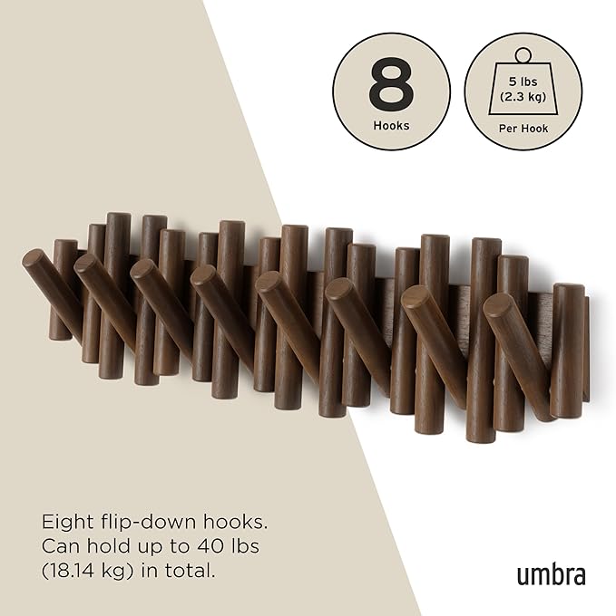 Umbra Picket Coat Rack with 8 Hooks – Walnut Wall-Mounted Coat Rack with Flip-Down Wooden Hooks, Real Pine Wood Decorative Wall Storage for Jackets, Hats, Scarves, Bags, Entryway, Bedroom Living Room