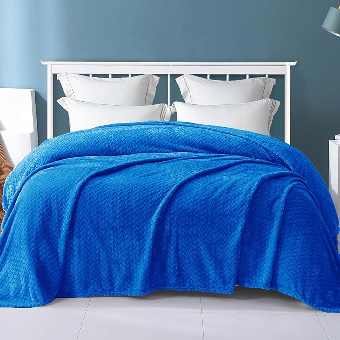 Exclusivo Mezcla Fleece Queen Size Blanket for Bed, 90x90 Inches Soft Cozy Jacquard Flannel Blankets, Lightweight Fuzzy Plush Warm for Winter, Cobalt Blue