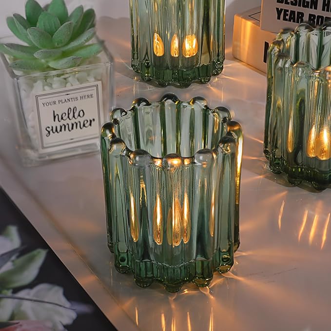 Glass Green Votive Candle Holder, Ribbed Votive Candle Holders Set of 12, Tealight Candle Holder for Wedding Centerpieces Dinner Party Table Decor