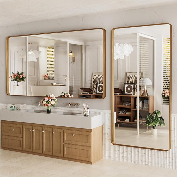 LOAAO 72X40 Inch Bathroom Mirror with Wood Grain Colored Metal Frame, Rounded Rectangle Metal Framed Bathroom Mirror, Anti-Rust, Hangs Horizontally or Vertically, Tempered Glass