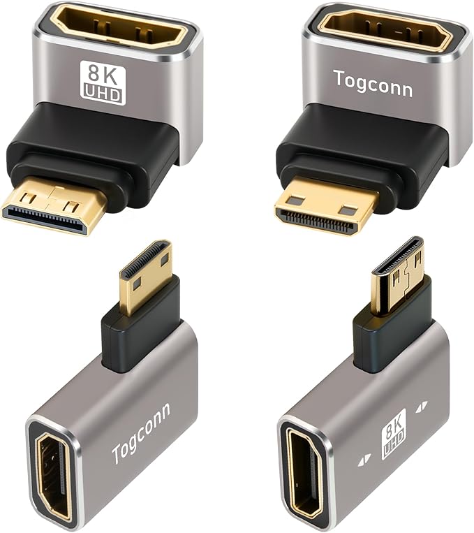 Right Angle HDMI to Mini HDMI Adapter 4 Pack, Multi-Type 90 Degree HDMI (Female) to Mini HDMI (Male) L-Shaped Extender Converter Connector Support 8K@60Hz, 4K@120Hz for Camera, Monitor, Raspberry Pi