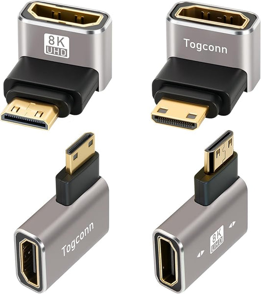 Right Angle HDMI to Mini HDMI Adapter 4 Pack, Multi-Type 90 Degree HDMI (Female) to Mini HDMI (Male) L-Shaped Extender Converter Connector Support 8K@60Hz, 4K@120Hz for Camera, Monitor, Raspberry Pi