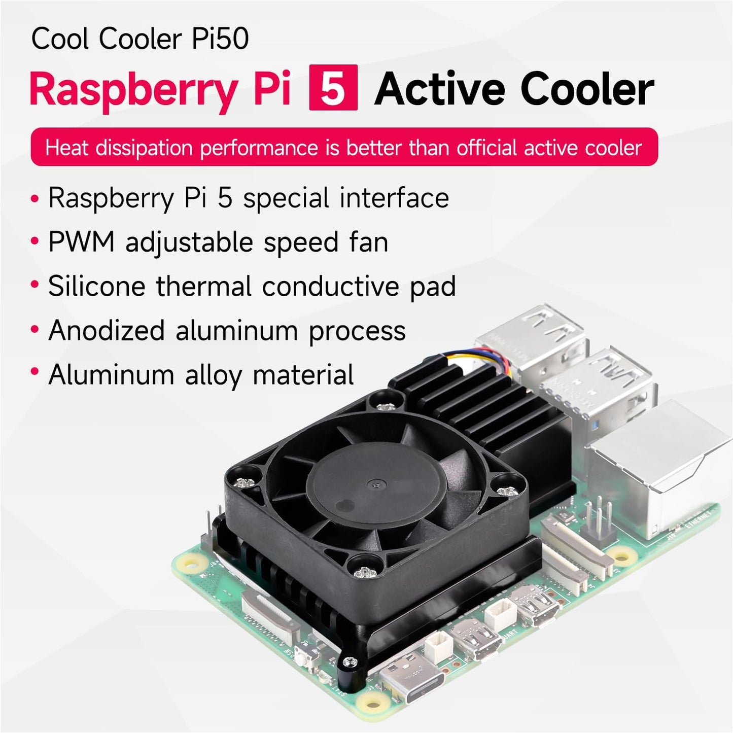 Yahboom Cooler for Raspberry Pi 5 with PWM Cooling Fan, Aluminum Heatsink, Insulation Silicone Thermal Pad
