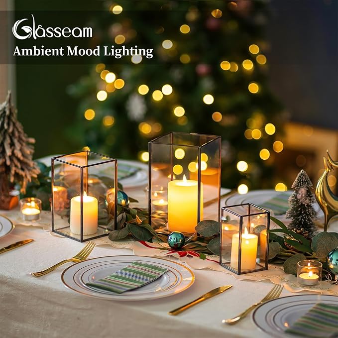 Glasseam Hurricane Glass Candle Holder, Black Candle Holders Set of 3, Square Metal Modern Candle Holder, Modern Large Candle Holders for Table Centerpiece Wedding Christmas Decorative