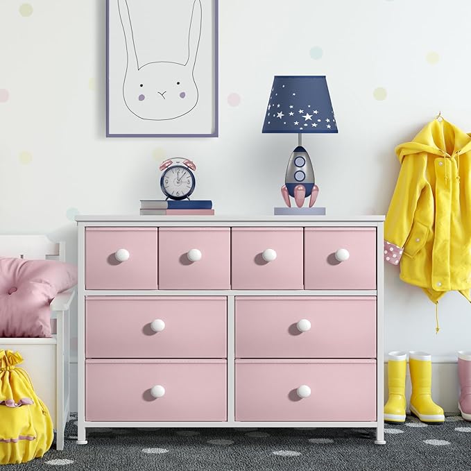 Sorbus Fabric Dresser for Kids Bedroom - Chest of 8 Drawers, Storage Tower, Clothing Organizer, for Closet, for Playroom, for Nursery, Steel Frame, Fabric Bins - Knob Handle (Pastel Pink)