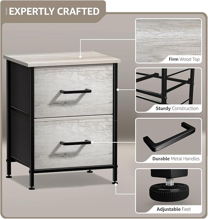 Sorbus Nightstand Dresser with 2 Faux Wood Drawers - Bedside Table Chest with Storage Bedroom, Living Room, Closet & Dorm Furniture Lamp Stand - Steel Frame, Wood Top, Easy Pull Fabric Bins