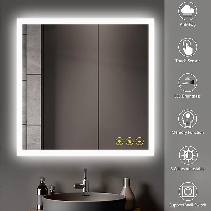 36x36 Inch LED Bathroom Mirror - 3 Colors, Dimmable, Anti-Fog, Wall Mounted Smart Vanity Mirror