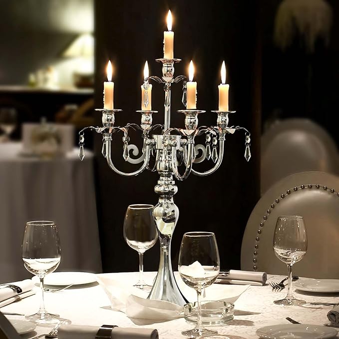 20.3'' Tall 5 Arm Candle Holder Centerpiece for Table, Metal Candelabra Candle Holder, Retro Candlestick Table Centerpieces for Party, Events, Home, Wedding Decor (1Pc, Silver)