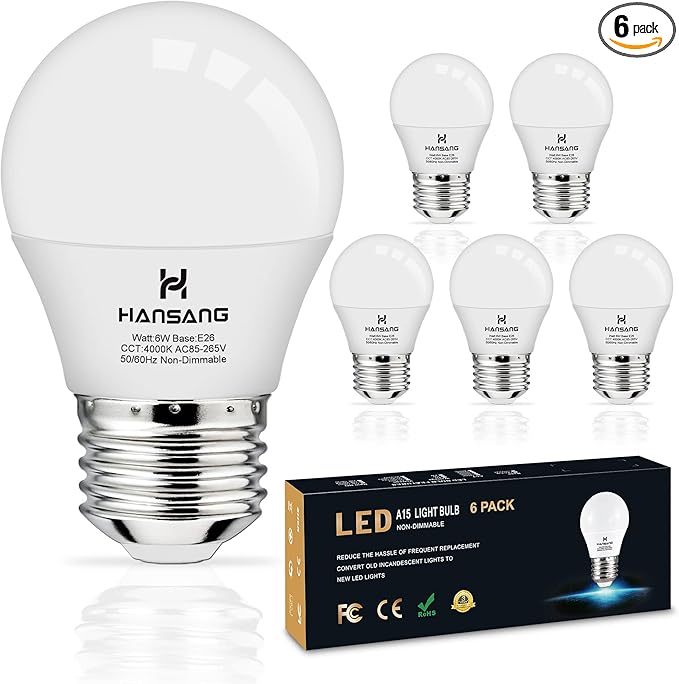 hansang E26 Ceiling Fan Light Bulbs, 4000K Natural Daylight, 60 Watts Equivalent, A15 LED Small Light Bulb, E26 Standard Base Refrigerator Light Bulb, 600lm, 120V, CRI85+, 120V, Non-Dimmable 6 Pack