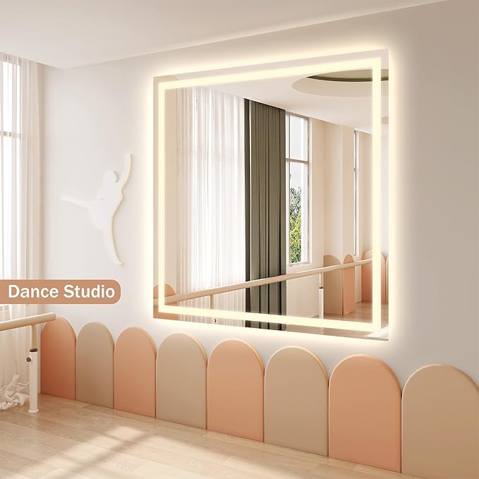 Koonmi Home Gym Mirror, 47"x47" Heavy Duty Large Seamless Tempered Glass Wall Mirrors with LED Lights for Gym, Workout, Yoga, Fitness, Dance Studio, Home, Exercise Room, Bathroom