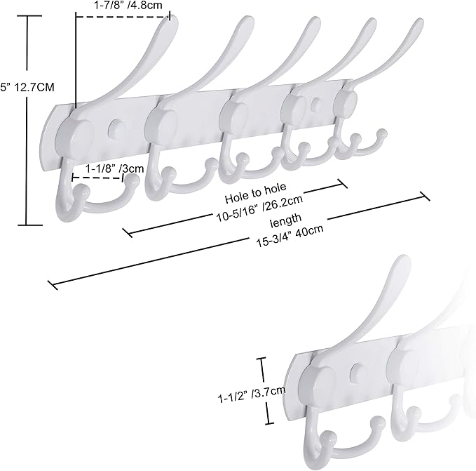 Dseap Wall Mounted Coat Rack - 5 Tri Hooks, Heavy Duty, Stainless Steel, Metal Coat Hook Rail for Coat Hat Towel Purse Robes Mudroom Bathroom Entryway (White, 2 Packs)
