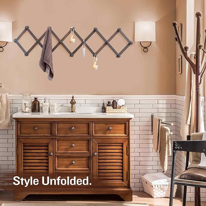 Rustic Wall Mounted Hat Rack with Space Saving Accordion Design, Expandable Hat Holder with 16 Wood Hooks, Modern Farmhouse Wall Hanger for Mug, Coat, Bags(Shabby Grey)