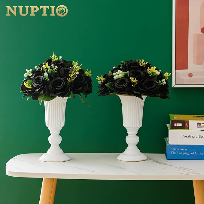 NUPTIO Black Roses Artificial Flowers Pcs of 10 Fake Flower Bouquet Black Hydrangea Flowers Artificial, 15 Heads Fake Roses with Base, Real Looking Black Artificial Flowers (Black)