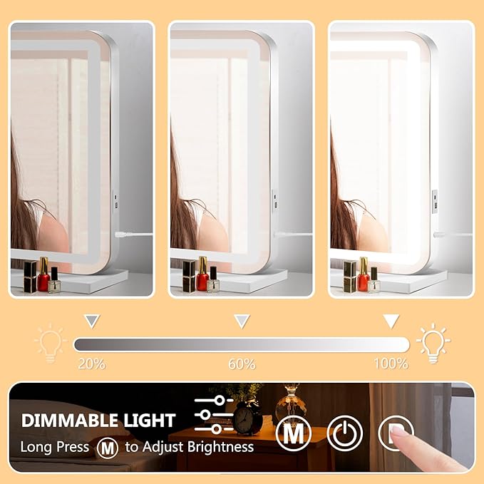 23" x 18" Vanity Mirror with Lights, Led Makeup Mirror, Lighted Makeup Mirror with 3 Color Dimmable Lights, Smart Touch Screen Control, Aluminum Metal Frame,USB Charging Port