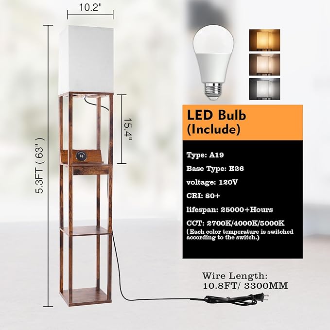 RUNTOP Floor Lamp with Shelves, Shelf Floor Lamp with Wireless Charger & 2 Charging USB Ports & Drawer, AC Outlet, 3 Color Temperature Tall Standing Lamp with Bulb for Living Room, Bedroom, Office