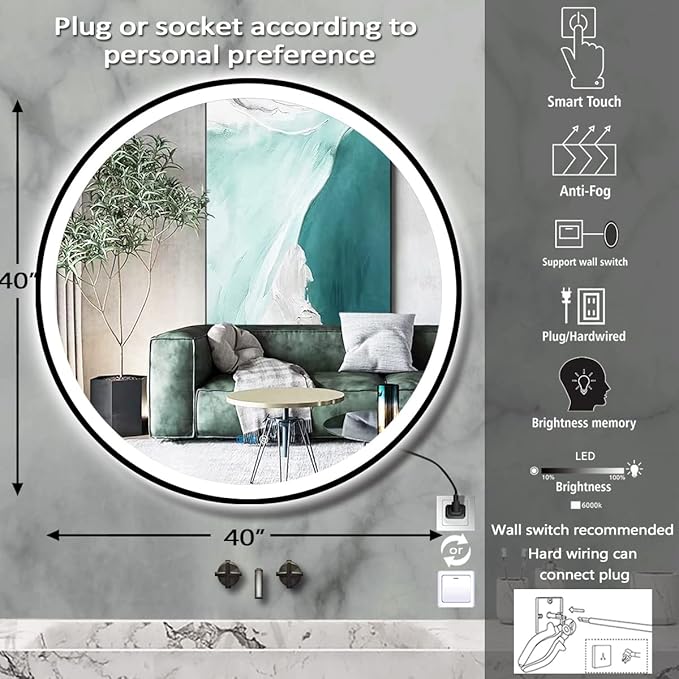 40" LED Mirror, Wall Mount, Round, Black Frame, 3 Color Lights, Anti-Fog, Adjustable Brightness, Modern Home Decor