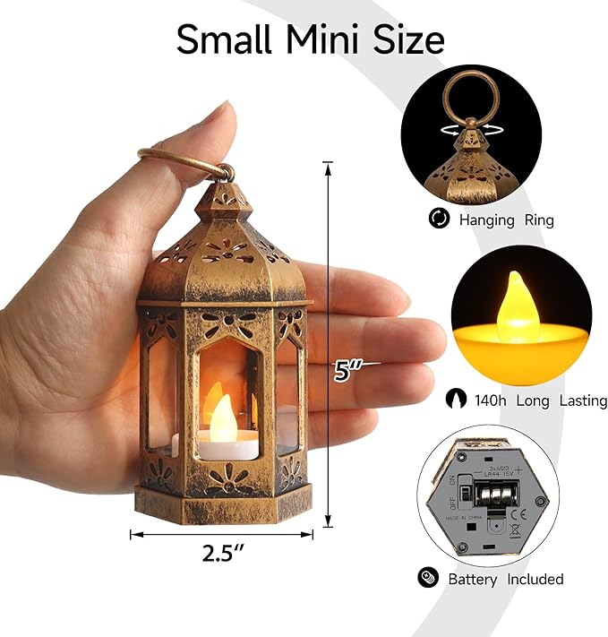 LLQ 12Pcs Mini Lantern with LED Tea Light, Garden Fairy Party Decorations, Battery Included, Vintage Lanterns Decorative, Hanging Candle Lanterns for Halloween Christmas Wedding Table Centerpiece