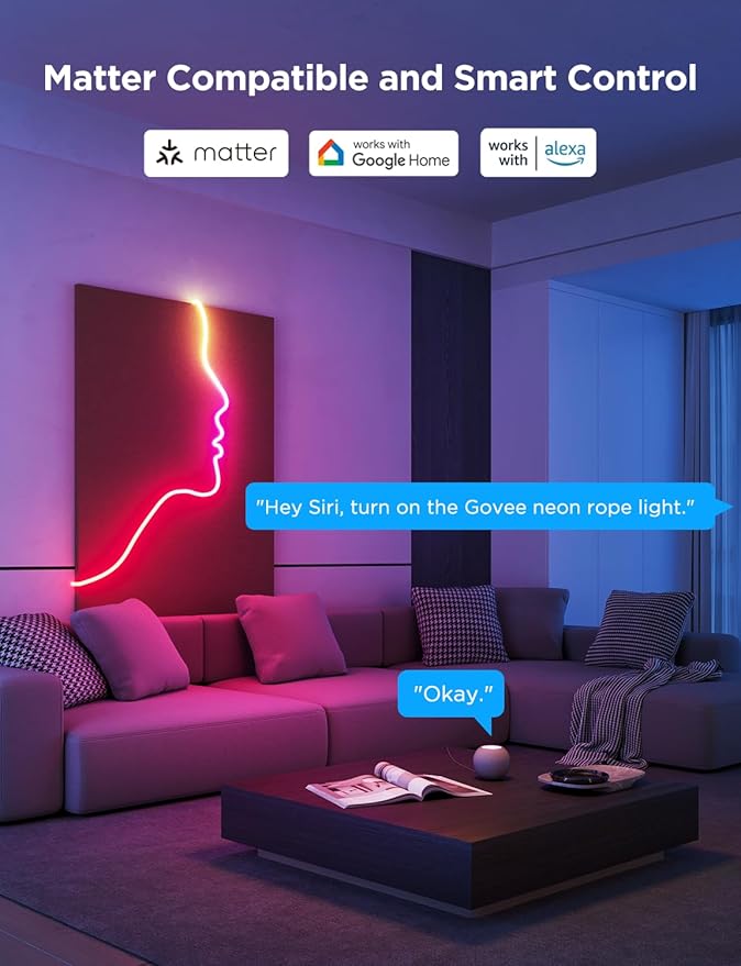 Govee RGBIC Neon Lights, LED Smart Neon Rope Light 2 Works with Matter, Alexa, Google Assistant, Custom DIY Neon Strip Lights for Bedroom and Wall Decor, Softer Material, 16.4ft, White