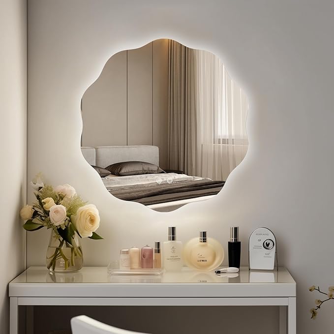 WallBeyond LED Bathroom Mirror with Lights, 24'' Wavy Round Light Up Bathroom Mirror, Anti Fog Led Mirror for Bathroom, 3 Colors and Dimmable Light