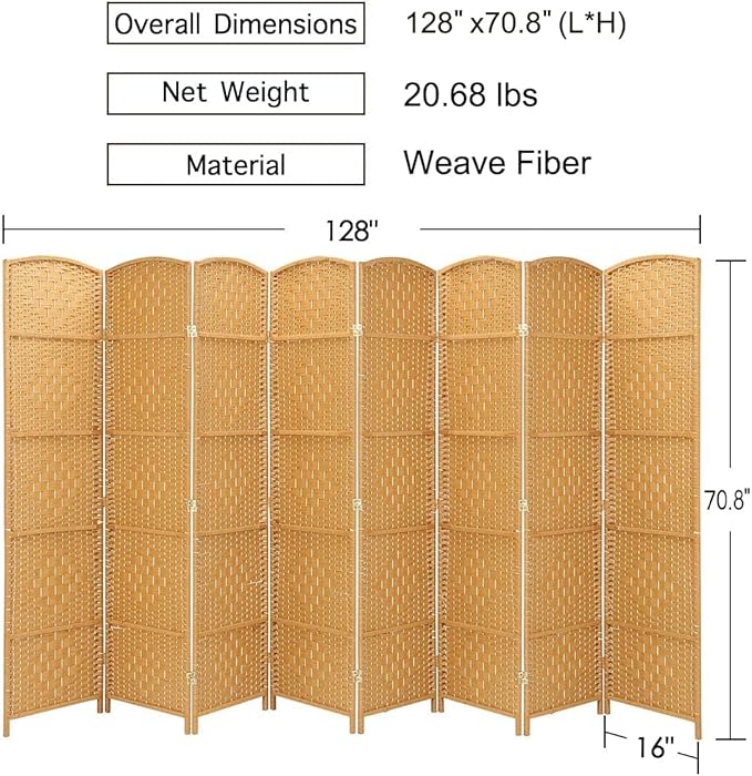 Rose Home Fashion Room Divider, 6 ft Tall Room Dividers and Folding Privacy Screens, 16in Privacy Screen 8 Panel Light Beige Space Temporary Wall Foldable Partition Separation