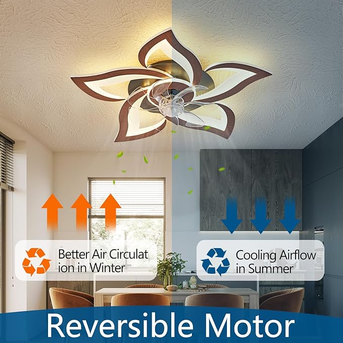 Ceiling Fan with Lights Remote Control, Wooden Geometric Color 6 Speeds Low Profile Flush Mount Ceiling Fan with Light for Kitchen Bedroom Living Room