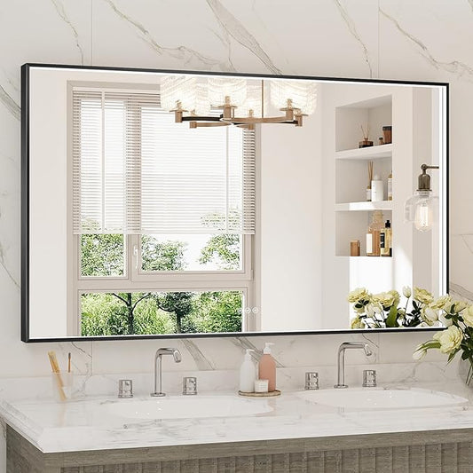 55x32 Inch LED Bathroom Mirror, Black Metal Framed Lighted Mirror for Bathroom, Wall Mouted LED Vanity Mirror with Lights, 3 Colors and Stepless Dimmable, Anti-Fog, Memory