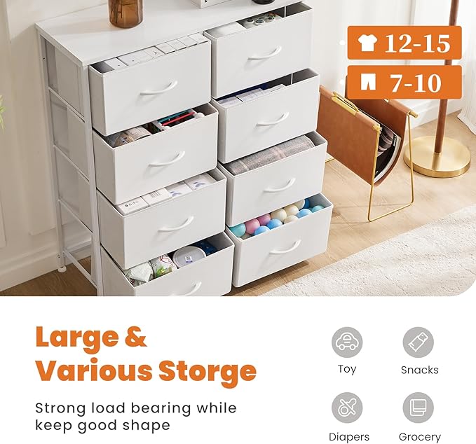Sweetcrispy Dresser for Bedroom, Chest Organizer Unit with 8 Fabric Bins, Fabric Storage Tower, Drawer Organizer with Steel Frame, Wooden Top for Nursery, Living Room, Closet