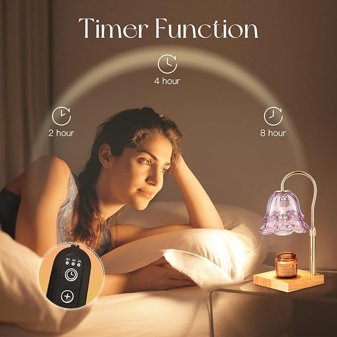 Candle Warmer Lamp with Timer: Purple Flower Candle Warming Lamp with 2 Bulbs Height Adjustable Wax Warmer Dimmable Bedroom Decor Mothers Day Gift for Women