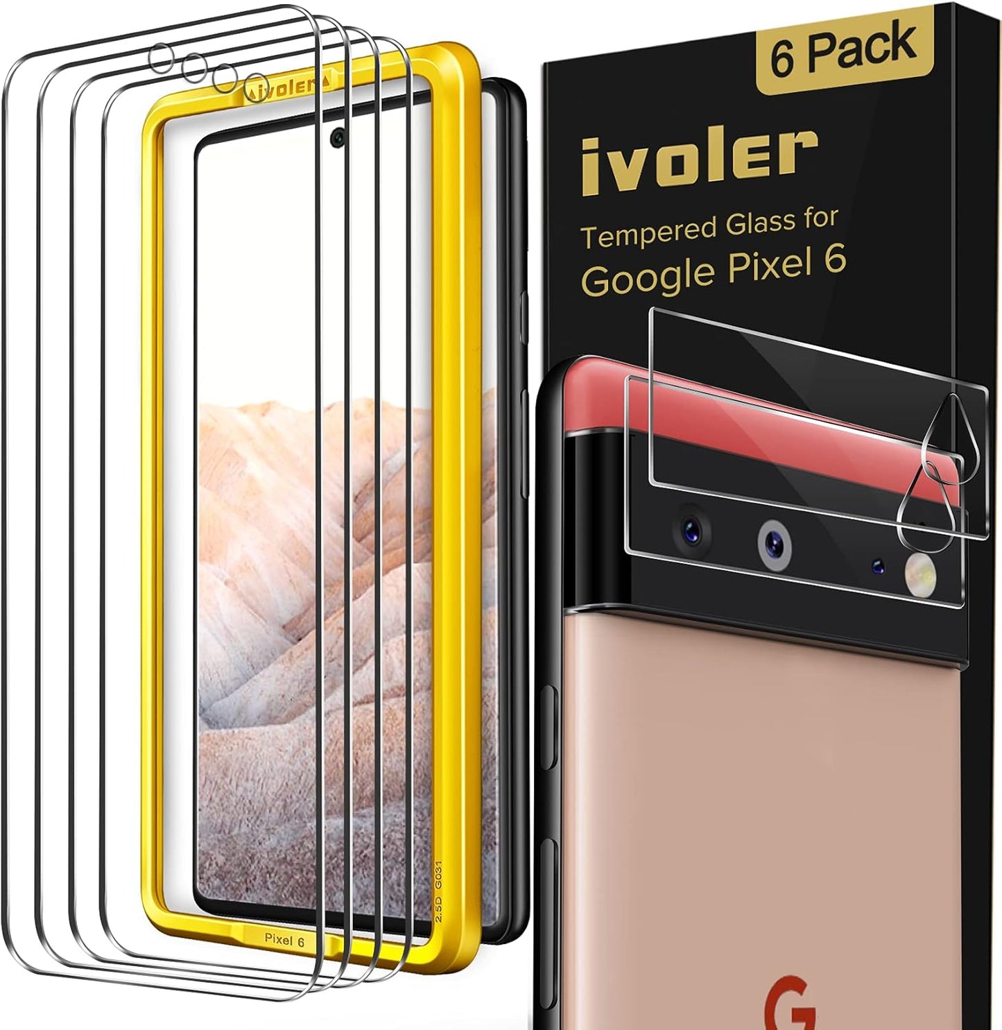 ivoler [4+2 Pack] Screen Protector for Google Pixel 6 with Camera Lens Protector, Tempered Glass, Easy Installation, HD